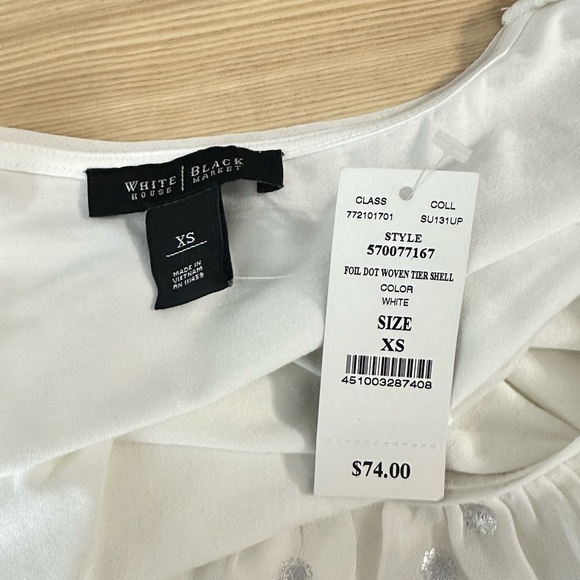 NWT WHBM Retro Foil Dot Woven Tier Shell Sleeveless Blouse in White/Silver Sz XS - Picture 2 of 9